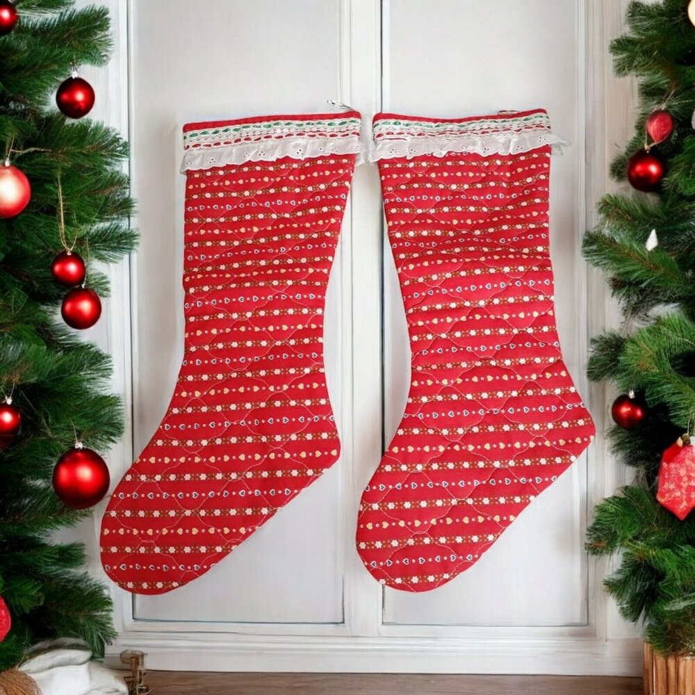 2 Quilted Christmas Stockings Fabric Eyelet Satin Ribbon Cottage Granny Core